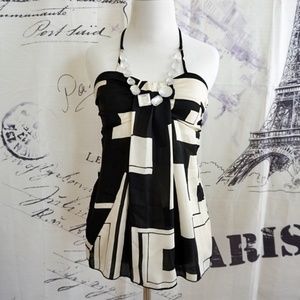 Black & Cream Babydoll Halter Top Geometric Bejeweled - Size S